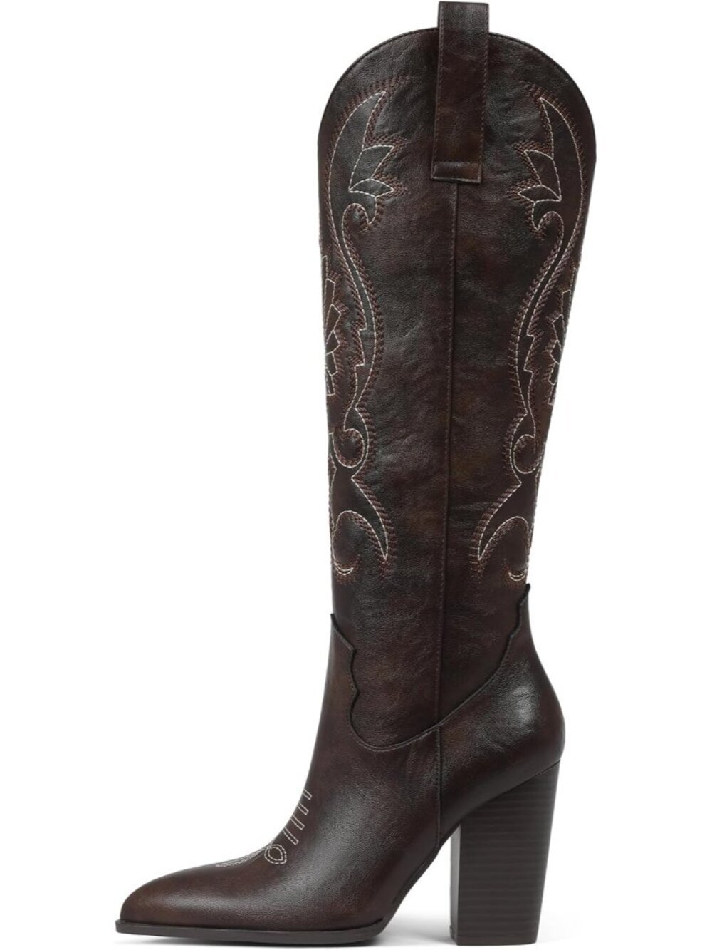Women's Pointed Toe Chunky High Heels Chocolate Pull-on Embroidered Western Boot